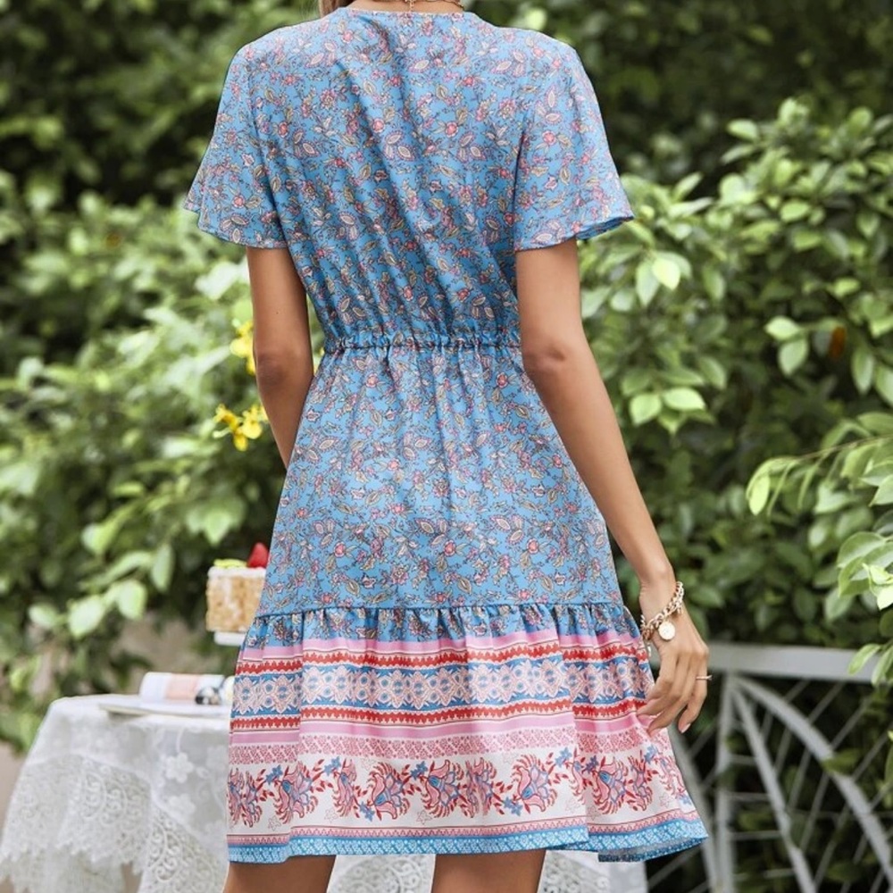 Button up boho gypsy floral print mini dress pink - Picture 4 of 12